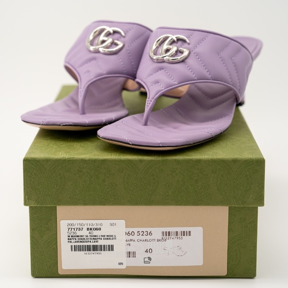 sz 40G 10 US Gucci Marmont GG Kitten Heel Thong Sandals Quilted Lavender Purple